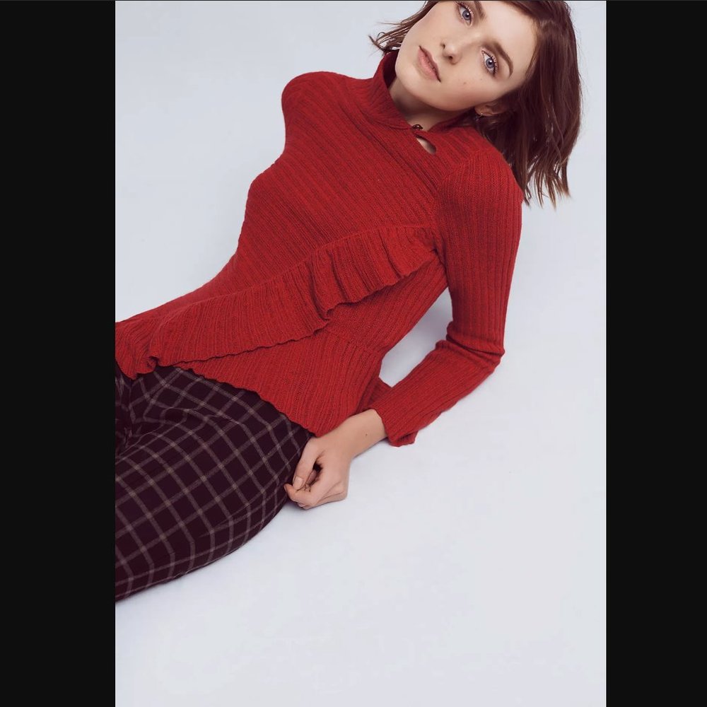 NWT Anthropologie CASCADING RUFFLE Pullover M burgundy